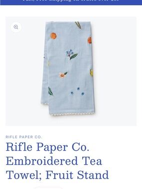 Rifle Paper Co. Light Blue Fruit & Floral Embroidered Tea Towel New In Package